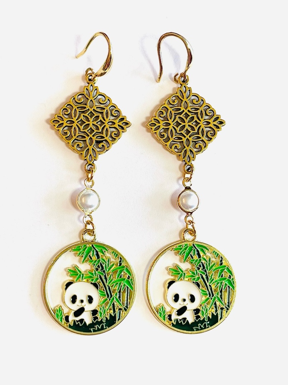 Panda Bear Earrings Filigree Gold & Pearl Dangle Drop Casual Rare